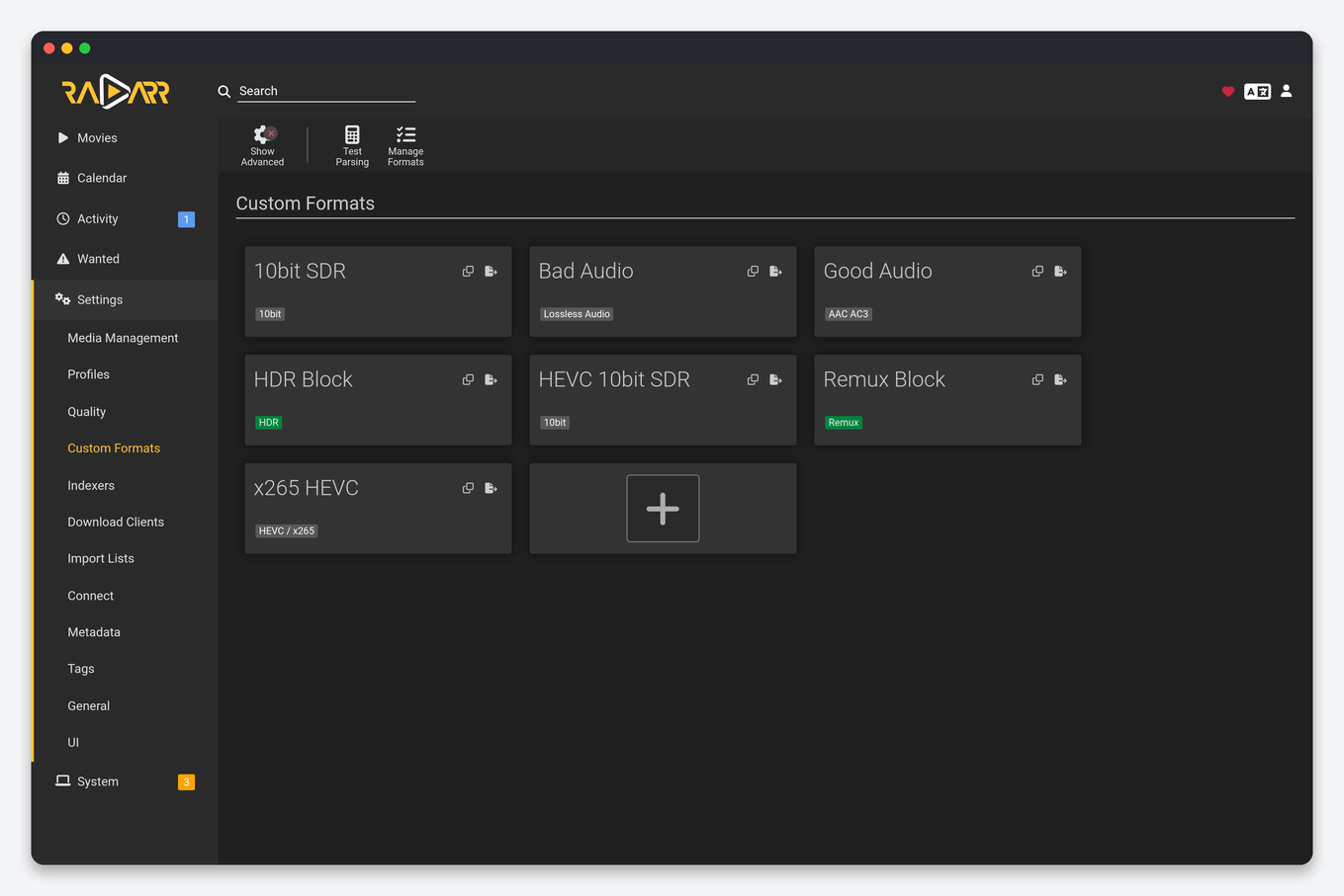 Radarr and Sonarr Quality Profiles: Settings, Sizes, Custom Formats and 4K 3 Radarr custom formats list on a seedbox including HDR, audio and codec formats