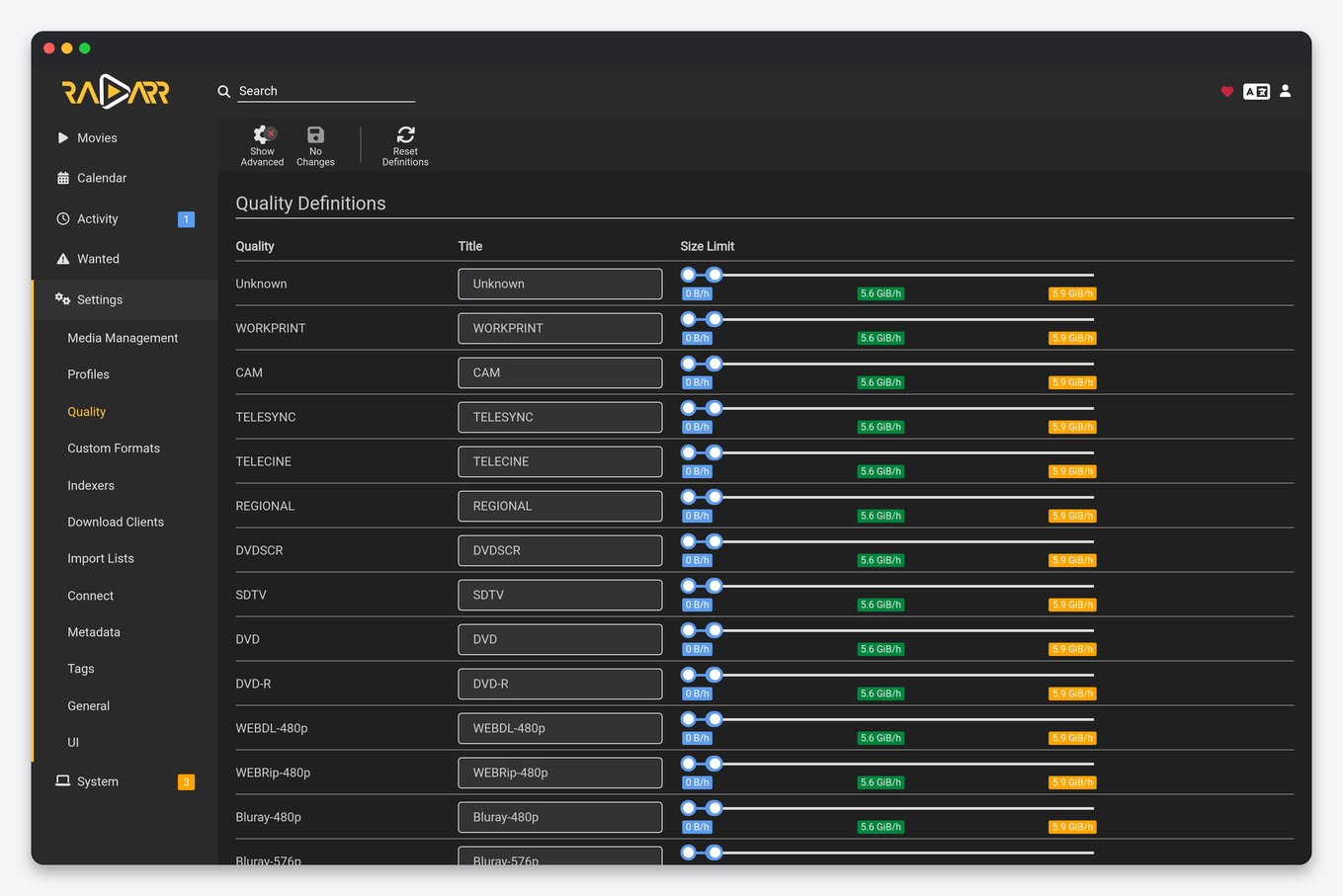 Radarr and Sonarr Quality Profiles: Settings, Sizes, Custom Formats and 4K 1 Radarr quality definitions page on a seedbox showing per-quality size limits