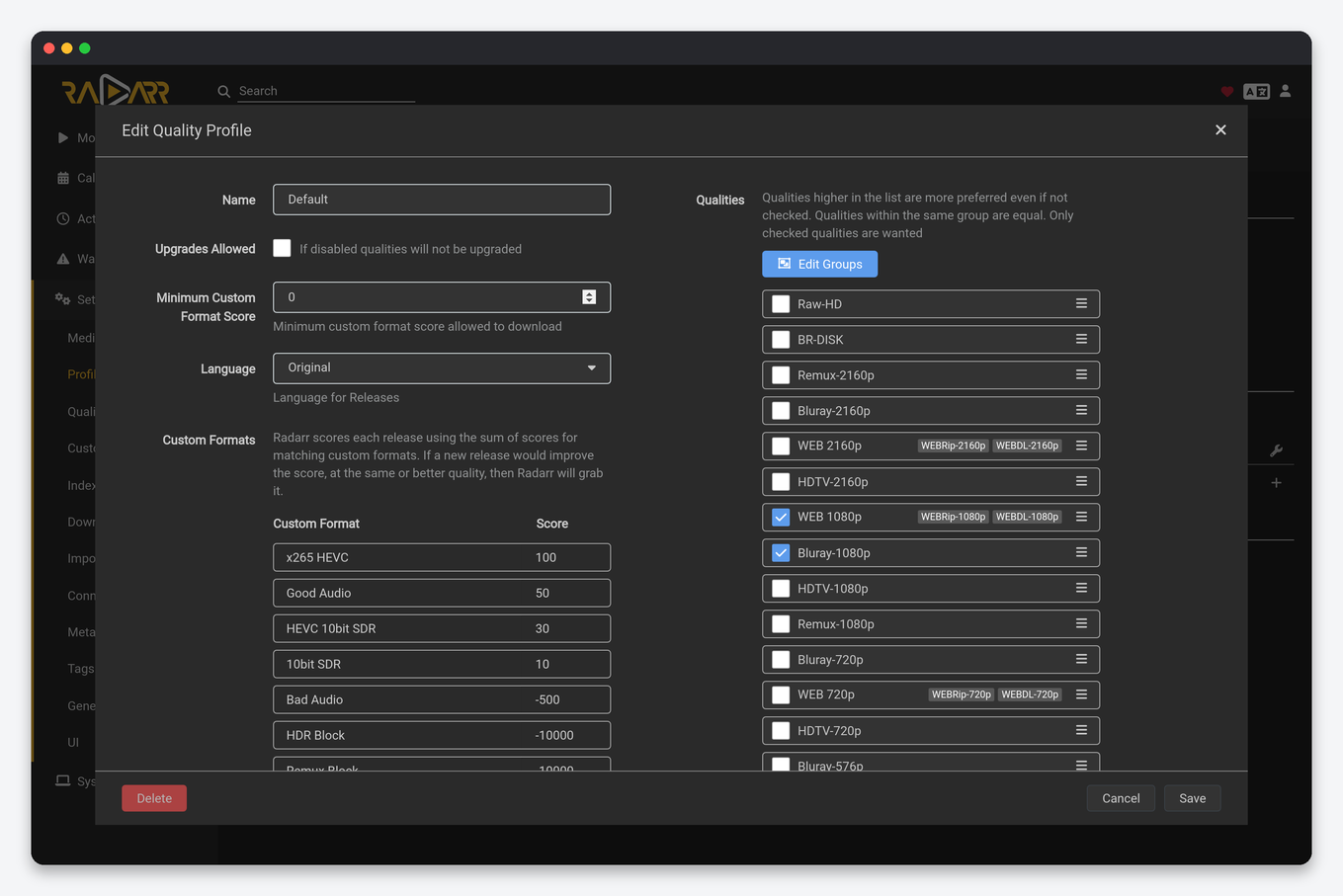 Radarr and Sonarr Quality Profiles: Settings, Sizes, Custom Formats and 4K 2 Radarr quality profile editor on a seedbox with allowed qualities, upgrade cutoff and custom format scores
