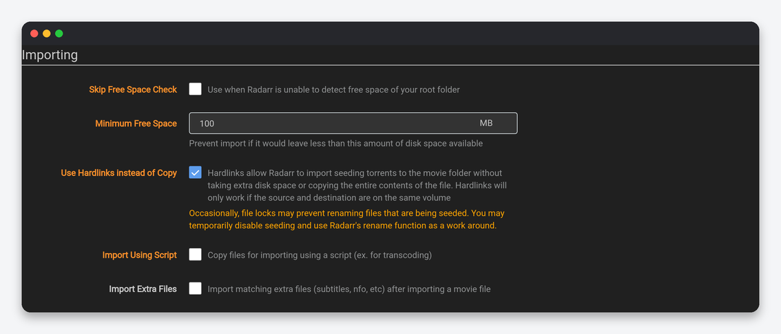 Radarr Settings Explained: Every Option, Tuned for a Seedbox 2 Radarr Importing settings including hardlinks and minimum free space