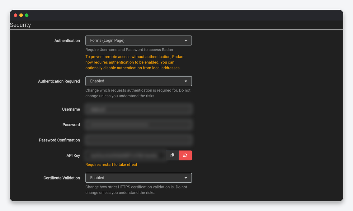 Radarr Settings Explained: Every Option, Tuned for a Seedbox 17 Radarr General Security settings