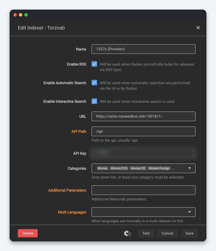 Radarr Settings Explained: Every Option, Tuned for a Seedbox 8 Radarr indexer editor showing a Prowlarr-synced indexer