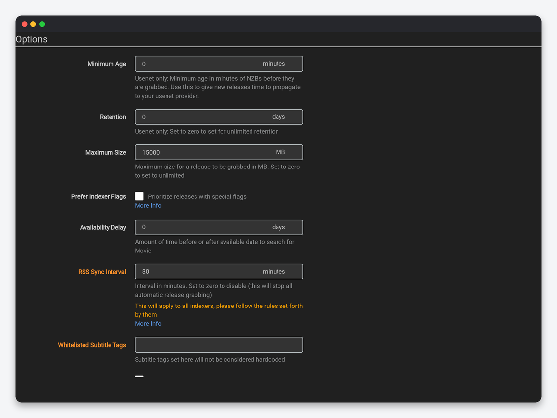 Radarr Settings Explained: Every Option, Tuned for a Seedbox 9 Radarr indexer options: minimum age, retention, maximum size, RSS sync interval, availability delay