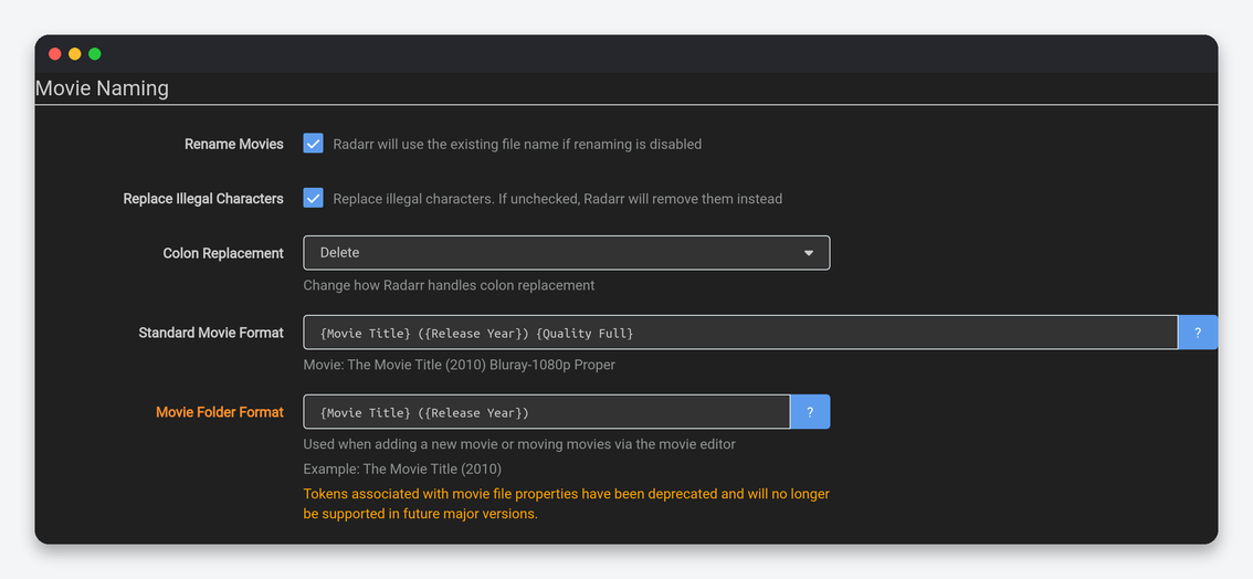 Radarr Settings Explained: Every Option, Tuned for a Seedbox 1 Radarr Media Management Movie Naming settings