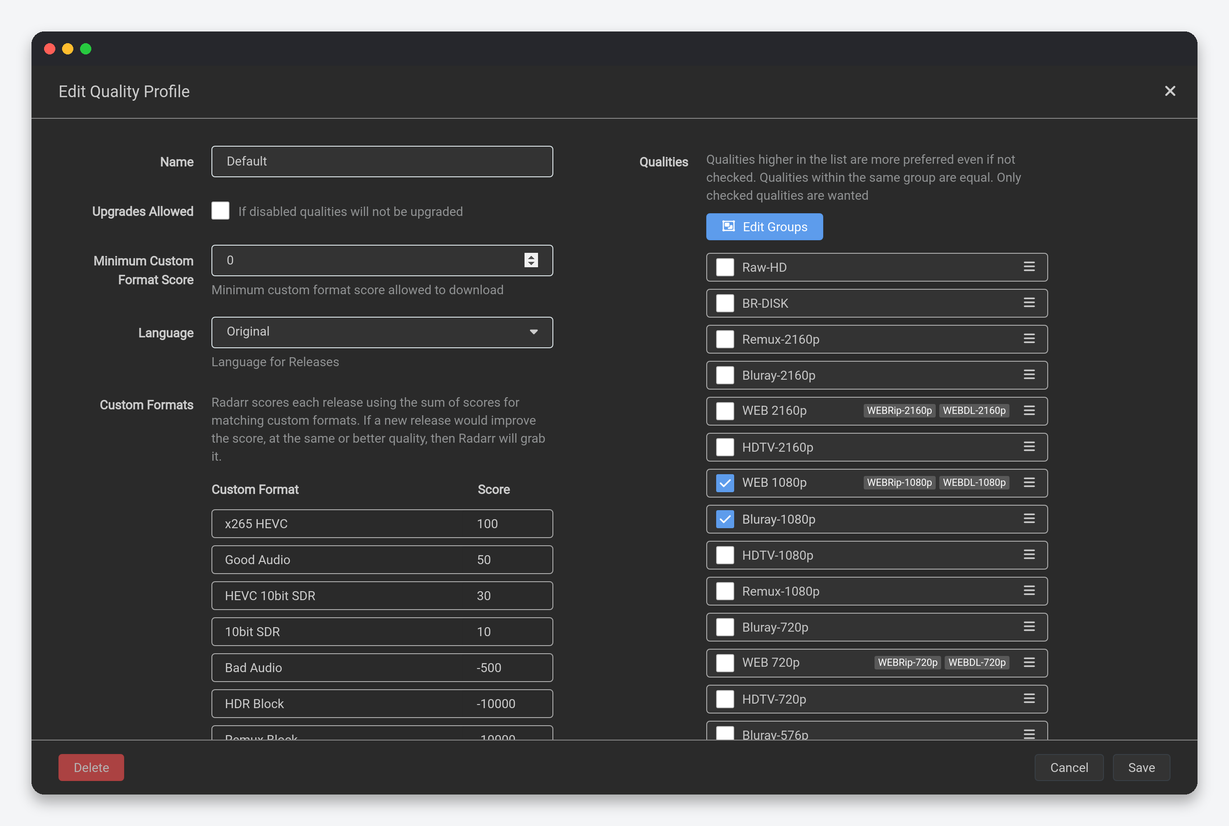 Radarr Settings Explained: Every Option, Tuned for a Seedbox 5 Radarr quality profile editor with custom format scores