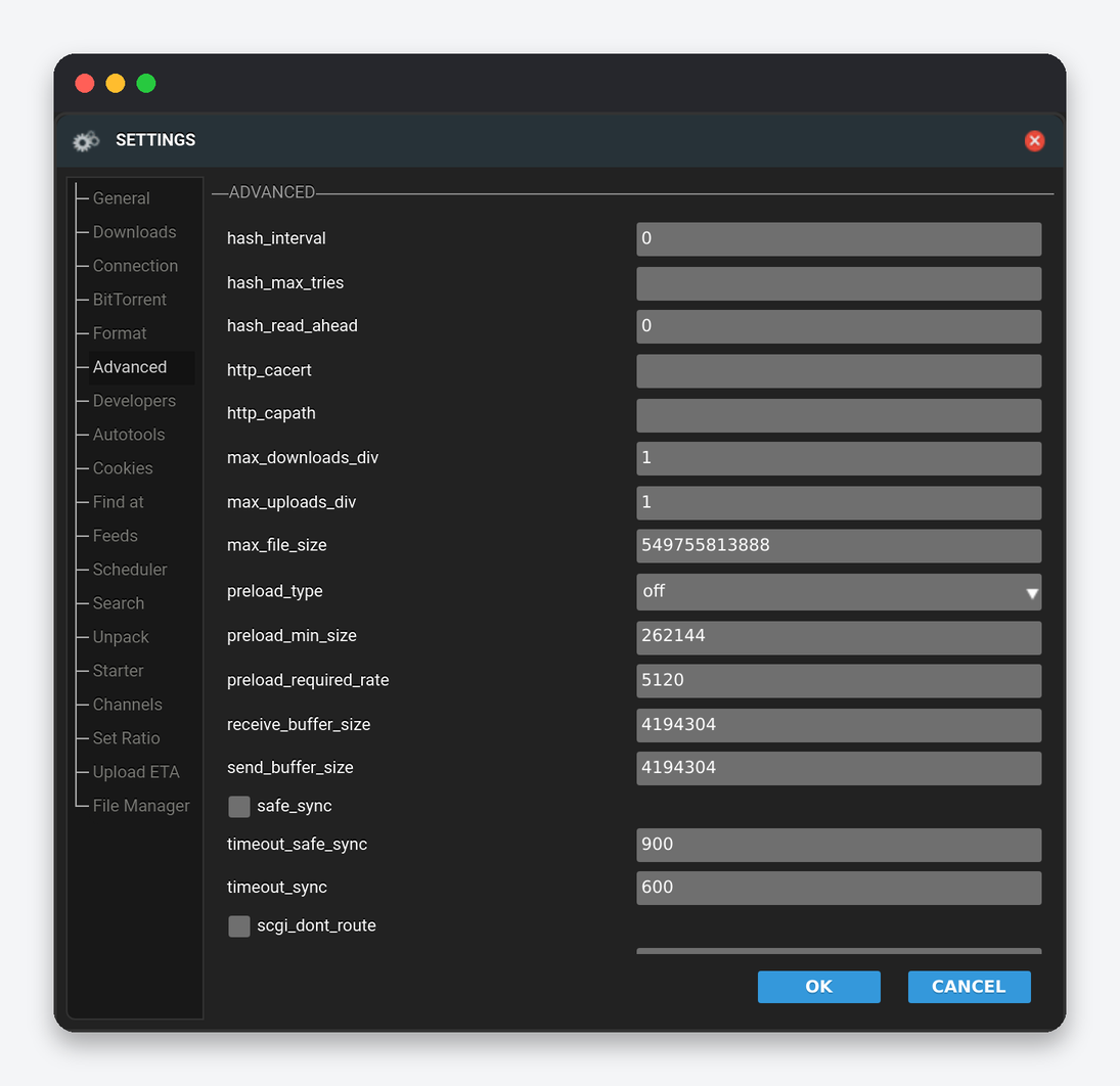 ruTorrent Settings Explained: Every Tab of the Settings Dialog 6 ruTorrent Settings Advanced tab: raw rTorrent options such as hash_interval, preload_type, buffers, session, split_file_size, use_udp_trackers, proxy, bind