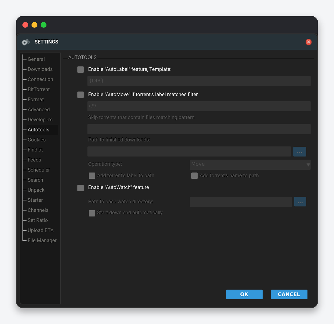 ruTorrent Settings Explained: Every Tab of the Settings Dialog 7 ruTorrent Settings Autotools tab: AutoLabel, AutoMove with path and operation type, AutoWatch