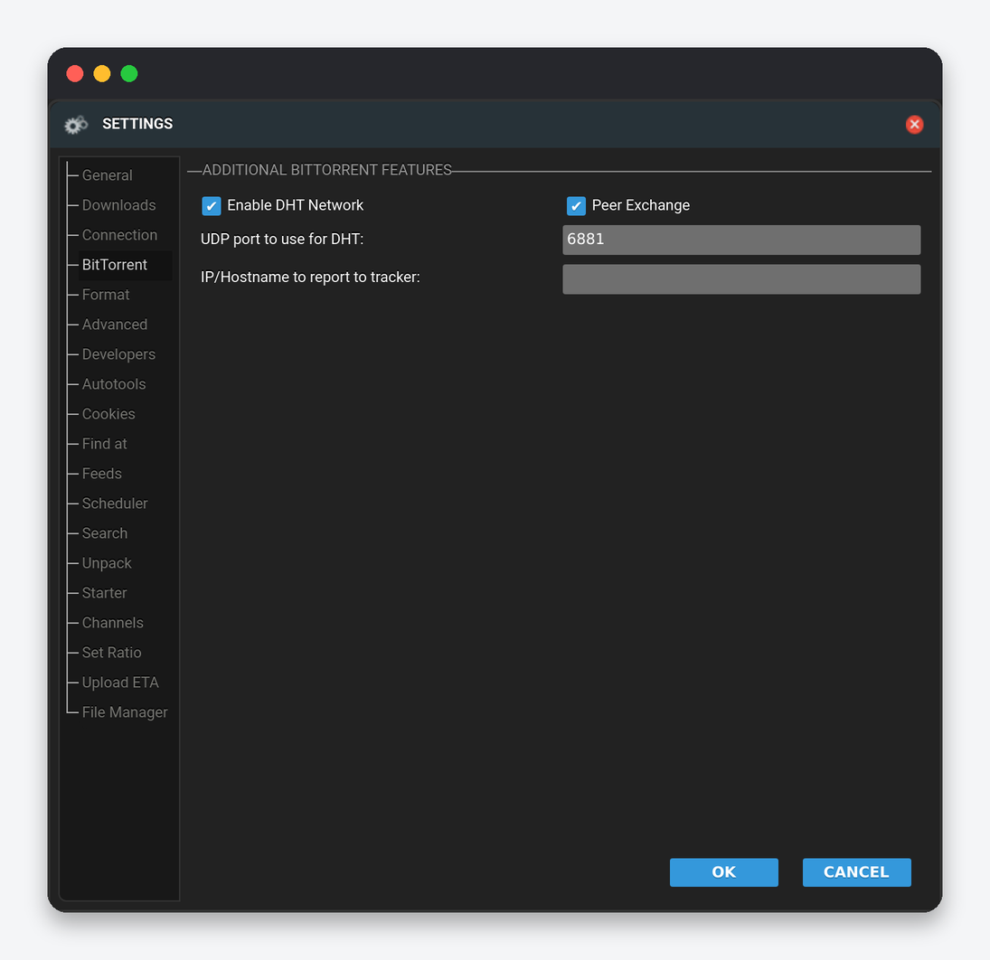 ruTorrent Settings Explained: Every Tab of the Settings Dialog 4 ruTorrent Settings BitTorrent tab: DHT, peer exchange, DHT port, IP or hostname reported to tracker