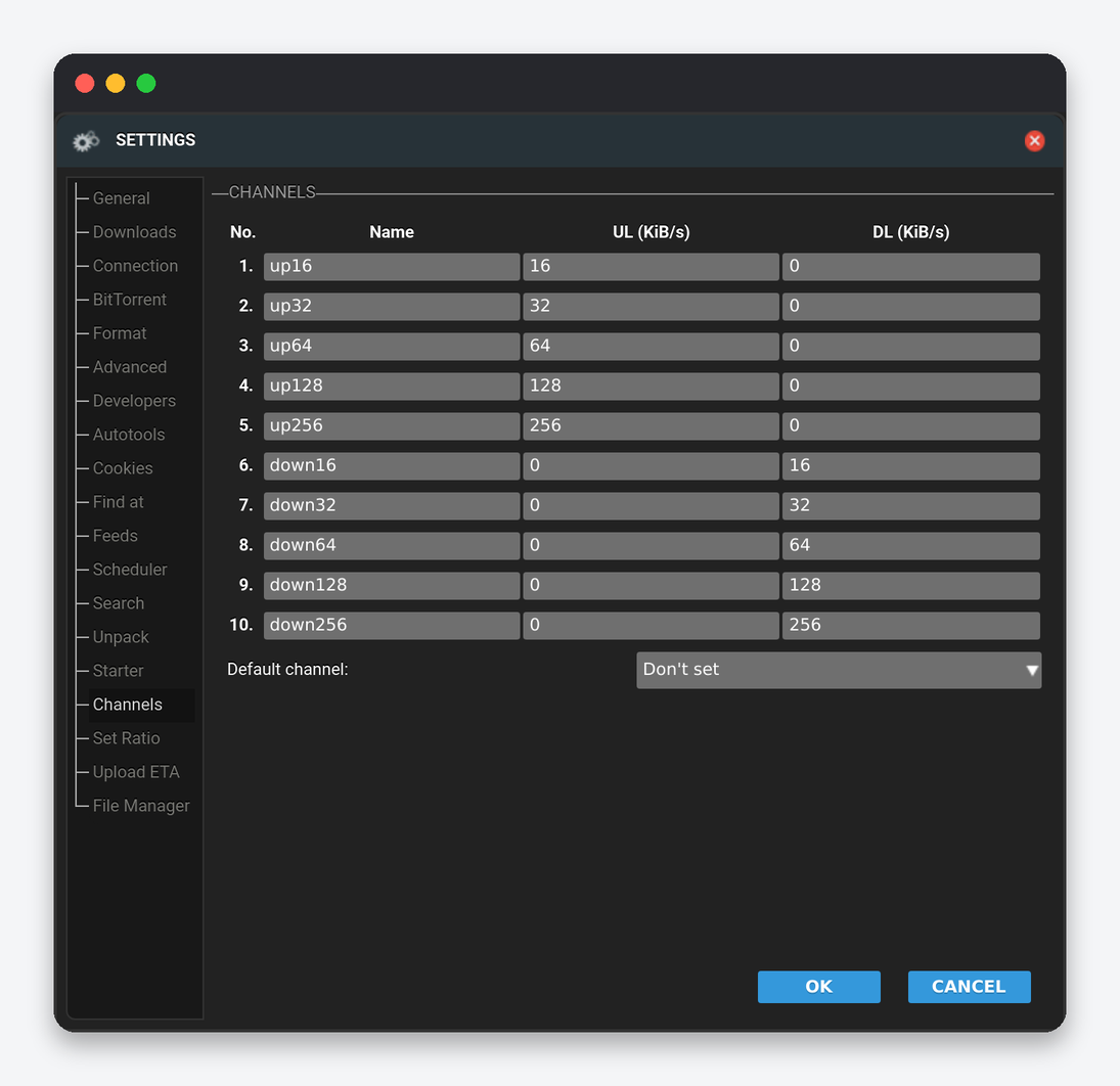 ruTorrent Settings Explained: Every Tab of the Settings Dialog 11 ruTorrent Settings Channels tab with ten named throttle channels and default channel