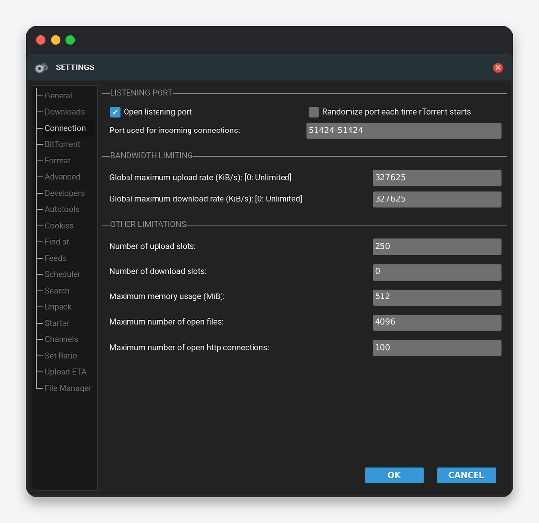 ruTorrent Settings Explained: Every Tab of the Settings Dialog 3 ruTorrent Settings Connection tab: listening port, randomize port, global upload and download limits, slots, memory, open files, http connections