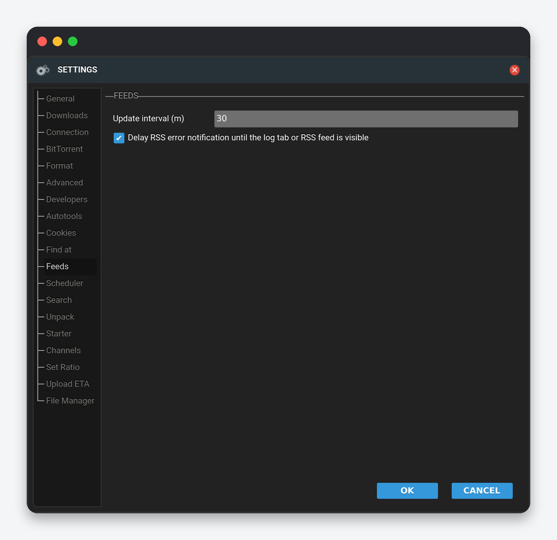 ruTorrent Settings Explained: Every Tab of the Settings Dialog 14 ruTorrent Settings Feeds tab: update interval and delayed RSS error notification