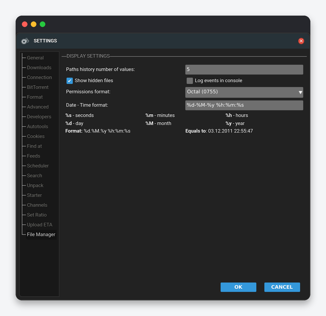 ruTorrent Settings Explained: Every Tab of the Settings Dialog 15 ruTorrent Settings File Manager tab: path history, hidden files, console logging, permissions format, date-time format