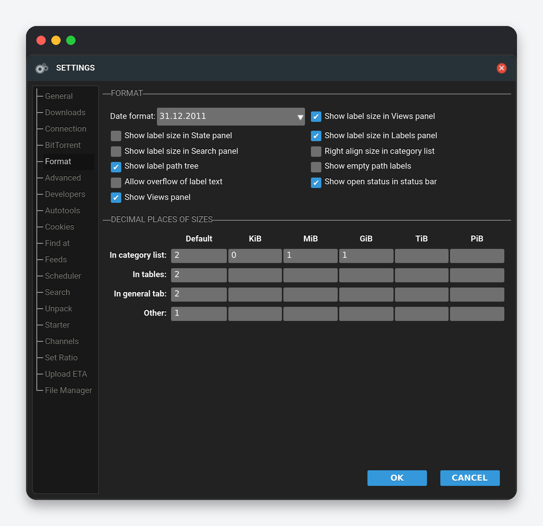 ruTorrent Settings Explained: Every Tab of the Settings Dialog 5 ruTorrent Settings Format tab: date format, label sizes, path tree, decimal places