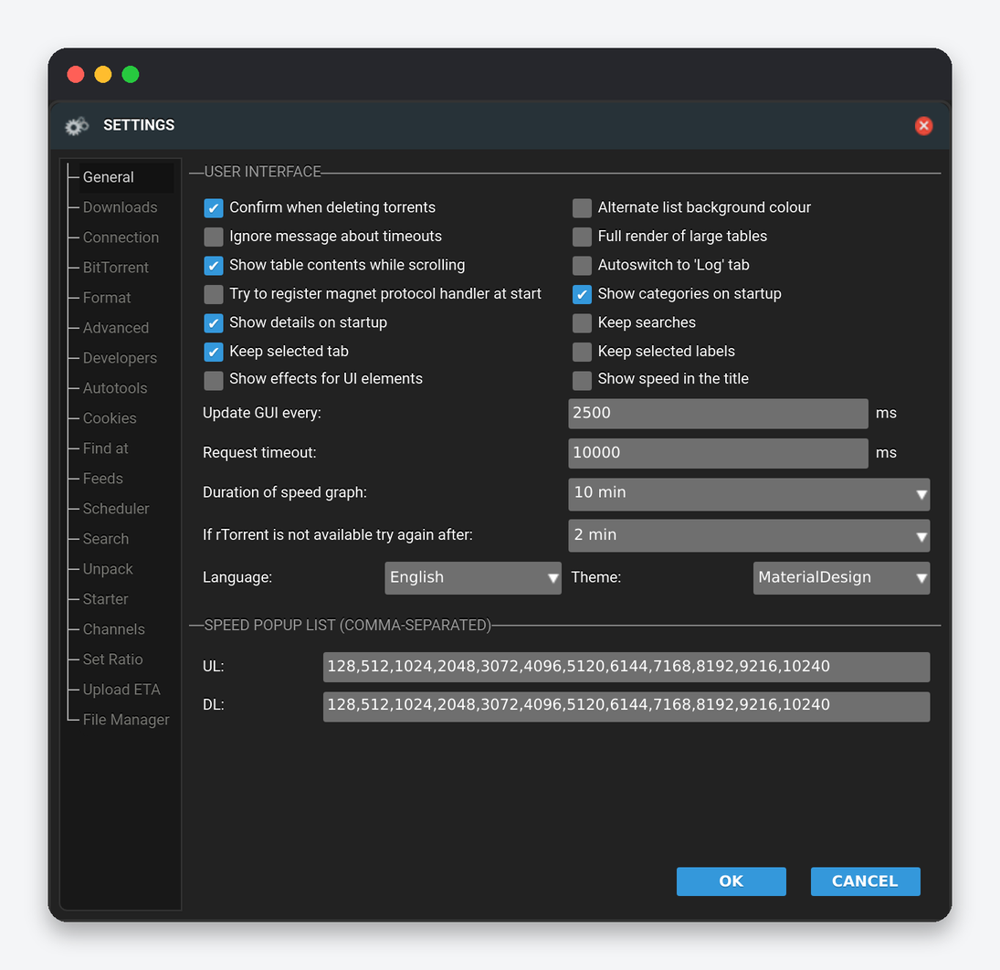 ruTorrent Settings Explained: Every Tab of the Settings Dialog 1 ruTorrent Settings General tab: user interface switches, refresh interval, request timeout, language, theme, speed popup list