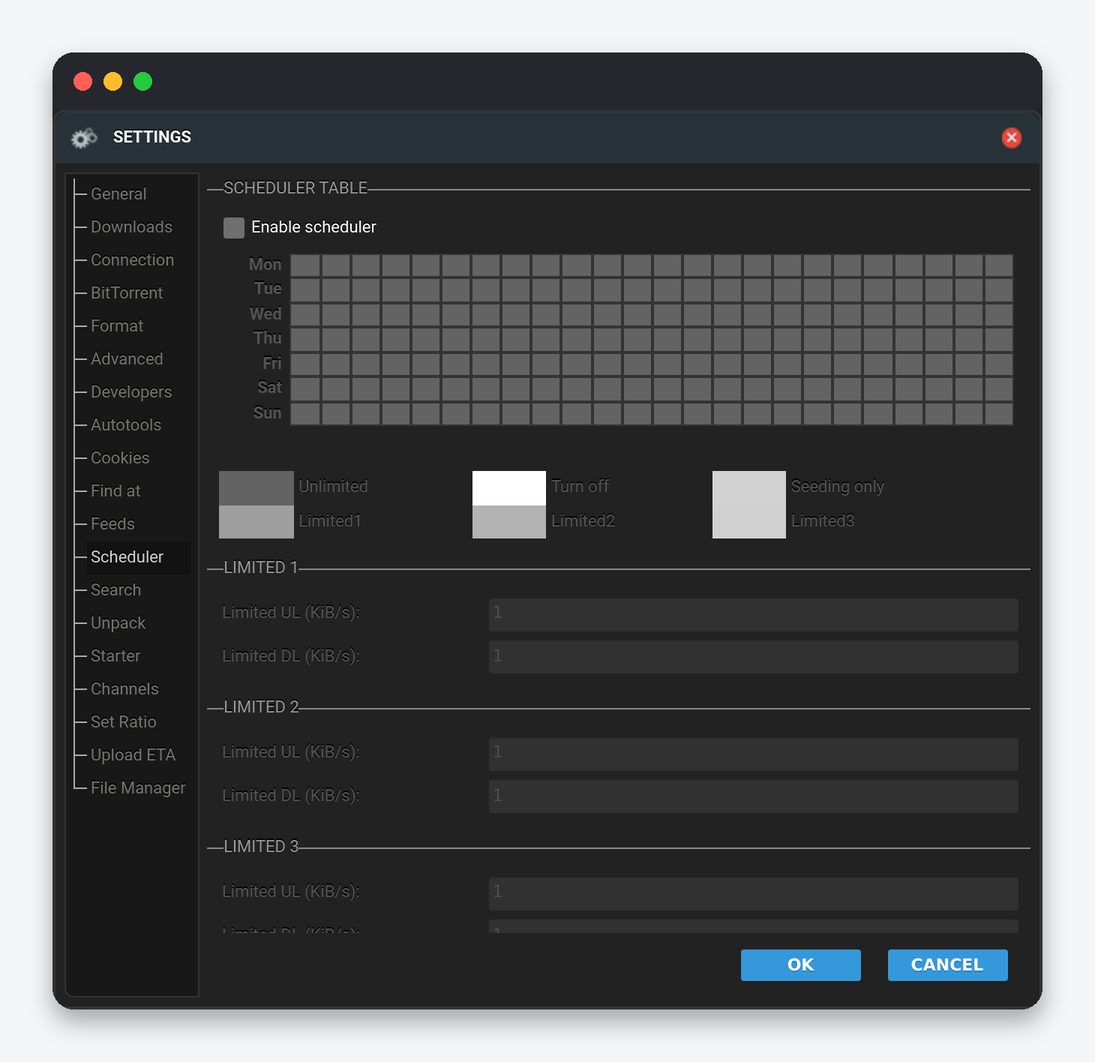ruTorrent Settings Explained: Every Tab of the Settings Dialog 8 ruTorrent Settings Scheduler tab with weekly grid and three limited profiles