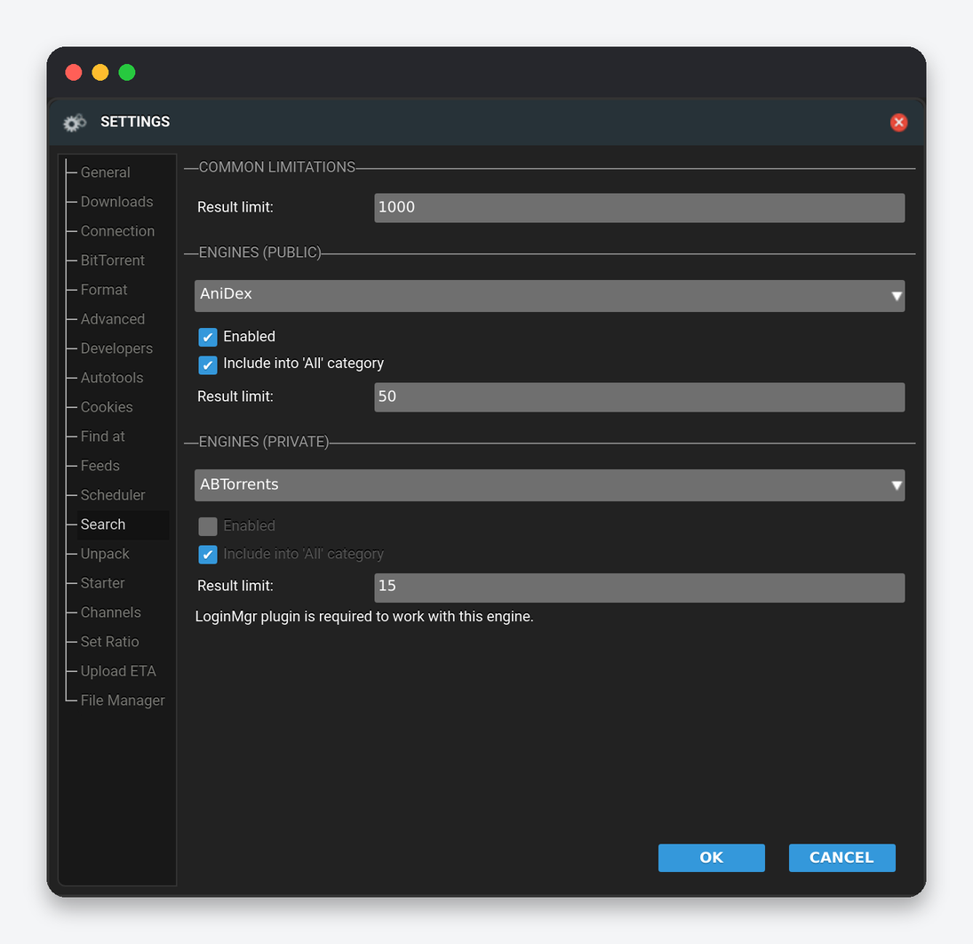 ruTorrent Settings Explained: Every Tab of the Settings Dialog 9 ruTorrent Settings Search tab listing public and private search engines with enable and result limit