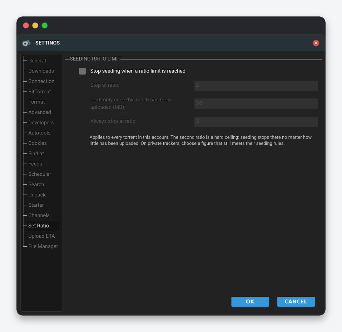 ruTorrent Settings Explained: Every Tab of the Settings Dialog 12 ruTorrent Settings Set Ratio tab: stop seeding at ratio, minimum uploaded, always stop at ratio