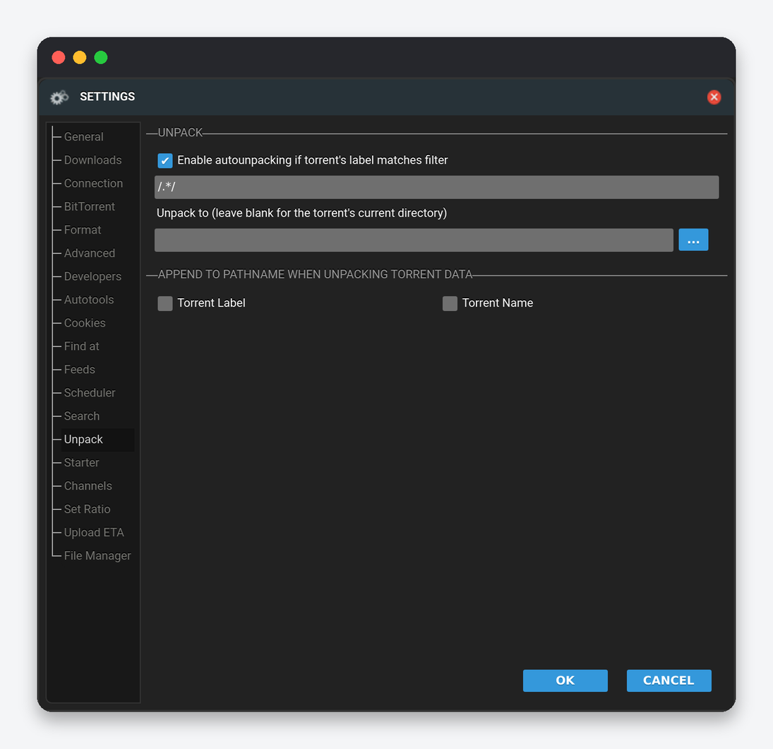 ruTorrent Settings Explained: Every Tab of the Settings Dialog 10 ruTorrent Settings Unpack tab: auto-unpack if label matches filter, unpack to path, append label or name