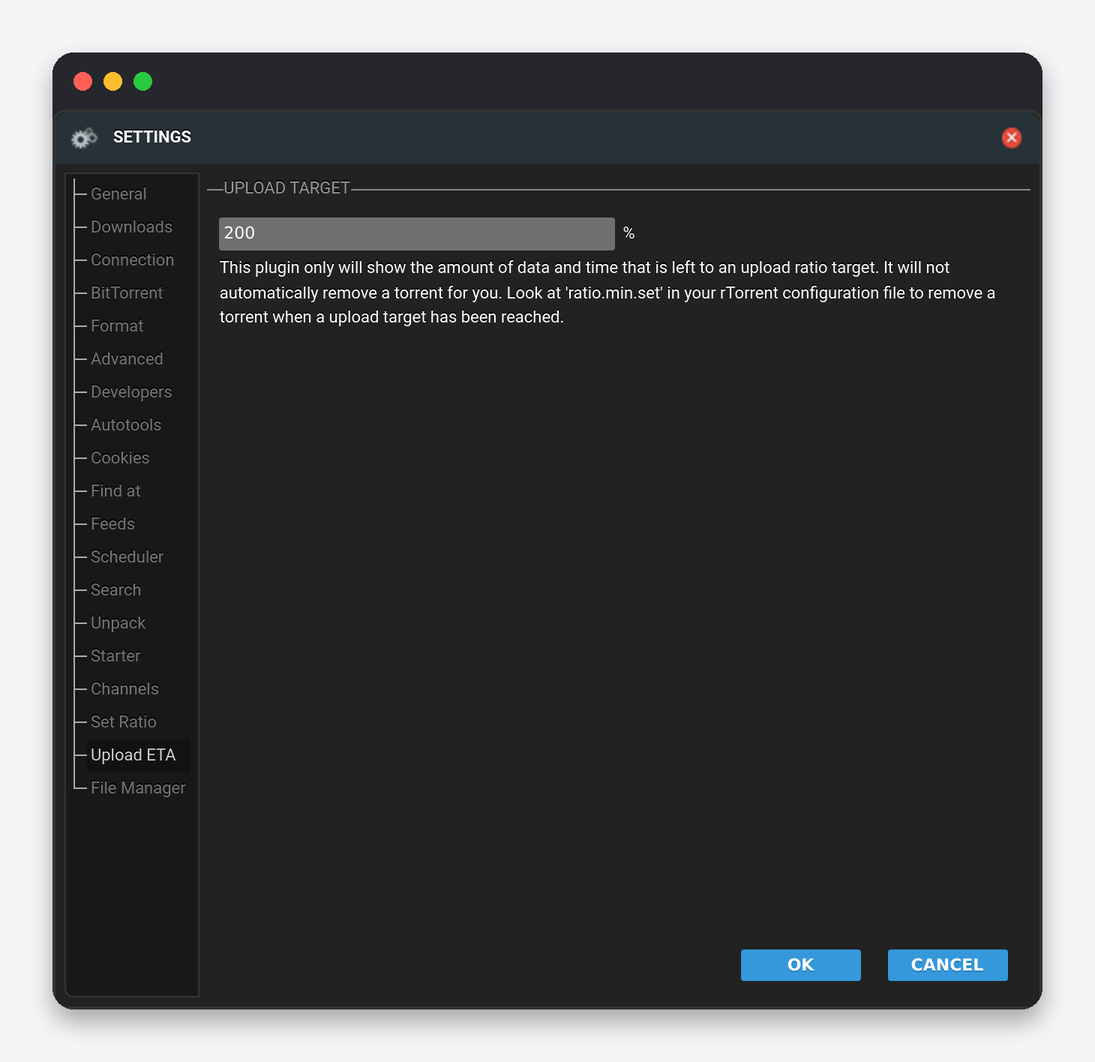 ruTorrent Settings Explained: Every Tab of the Settings Dialog 13 ruTorrent Settings Upload ETA tab with target ratio percentage