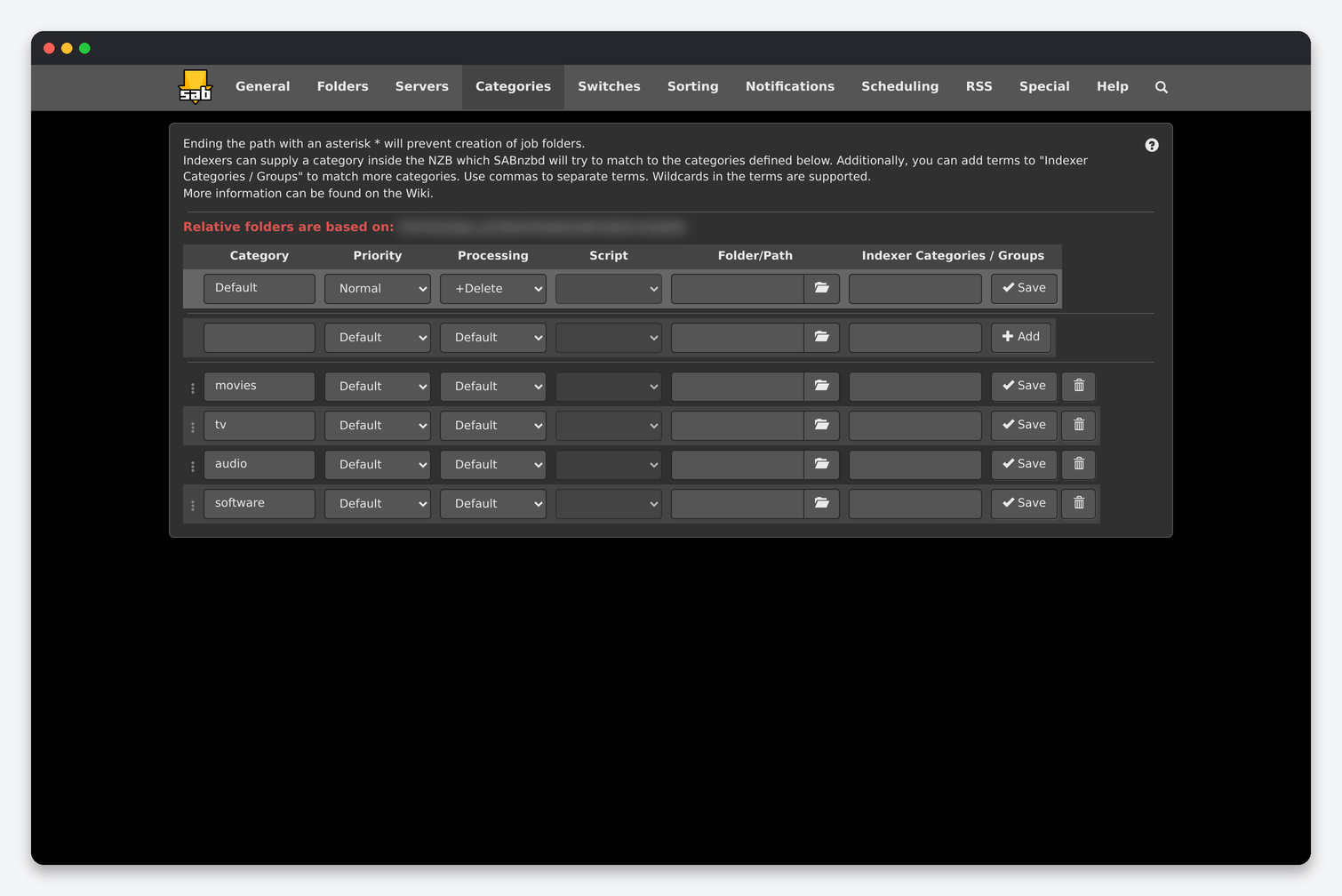 SABnzbd Settings Explained: Every Config Page for a Seedbox 4 SABnzbd Categories page with default, movies, tv, audio and software categories