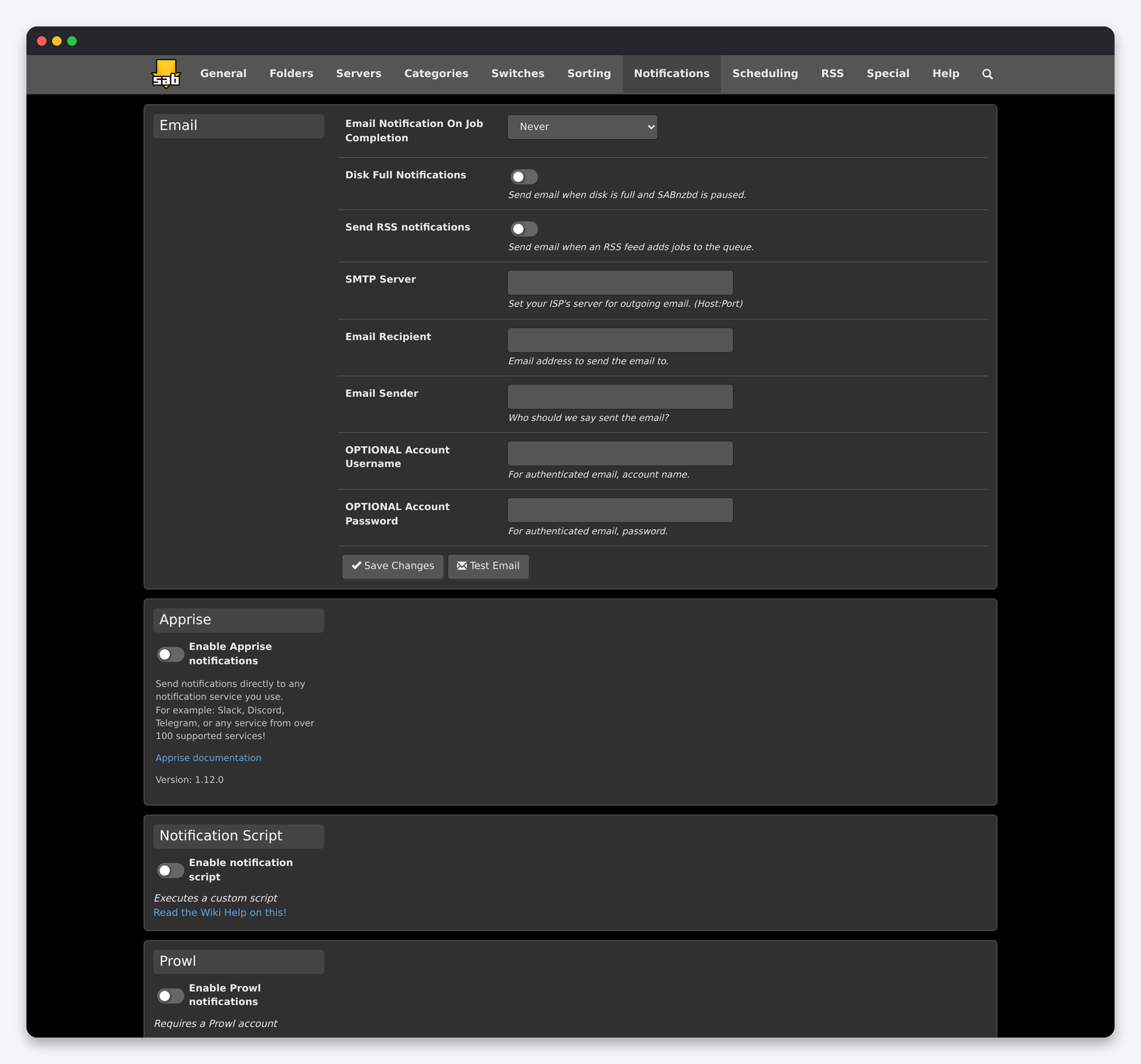 SABnzbd Settings Explained: Every Config Page for a Seedbox 7 SABnzbd Notifications page: email, Apprise, notification script, Prowl, Pushover, Pushbullet