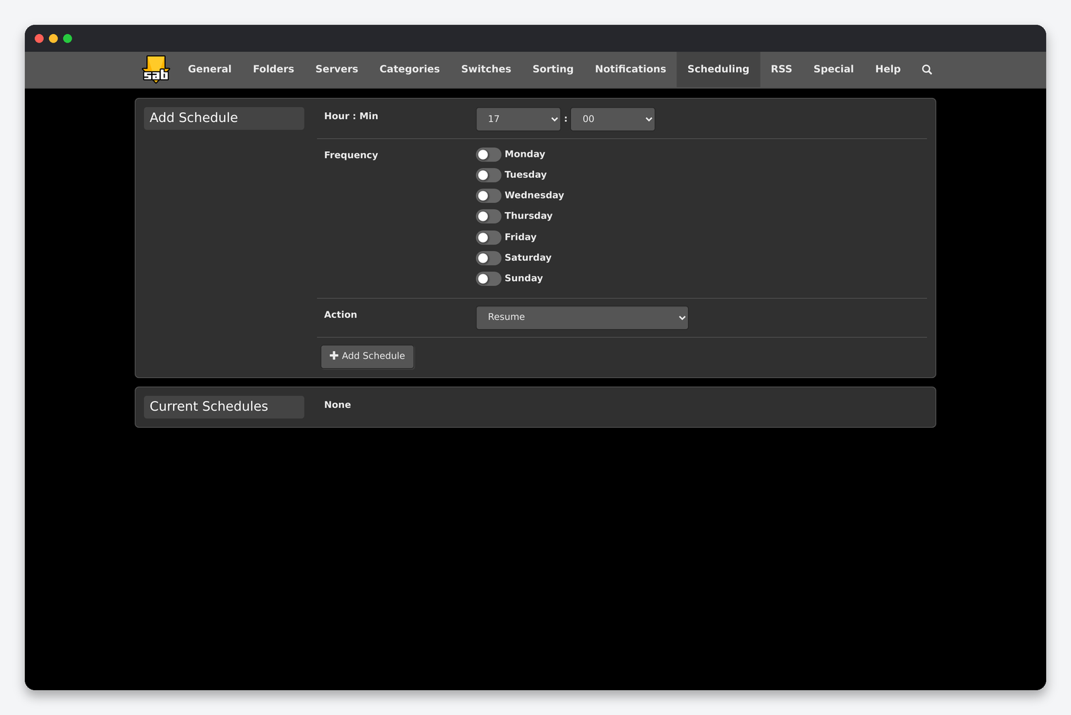 SABnzbd Settings Explained: Every Config Page for a Seedbox 8 SABnzbd Scheduling page with add schedule form