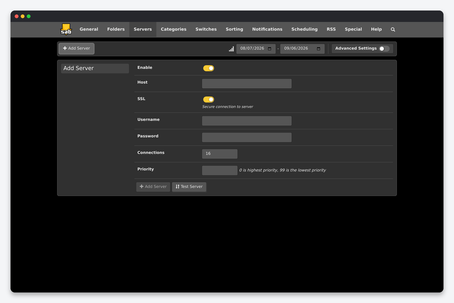SABnzbd Settings Explained: Every Config Page for a Seedbox 3 SABnzbd Add Server form with host, SSL, username, password, connections and priority