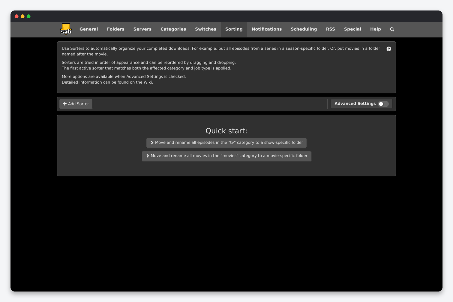 SABnzbd Settings Explained: Every Config Page for a Seedbox 6 SABnzbd Sorting page with Add Sorter and quick start options