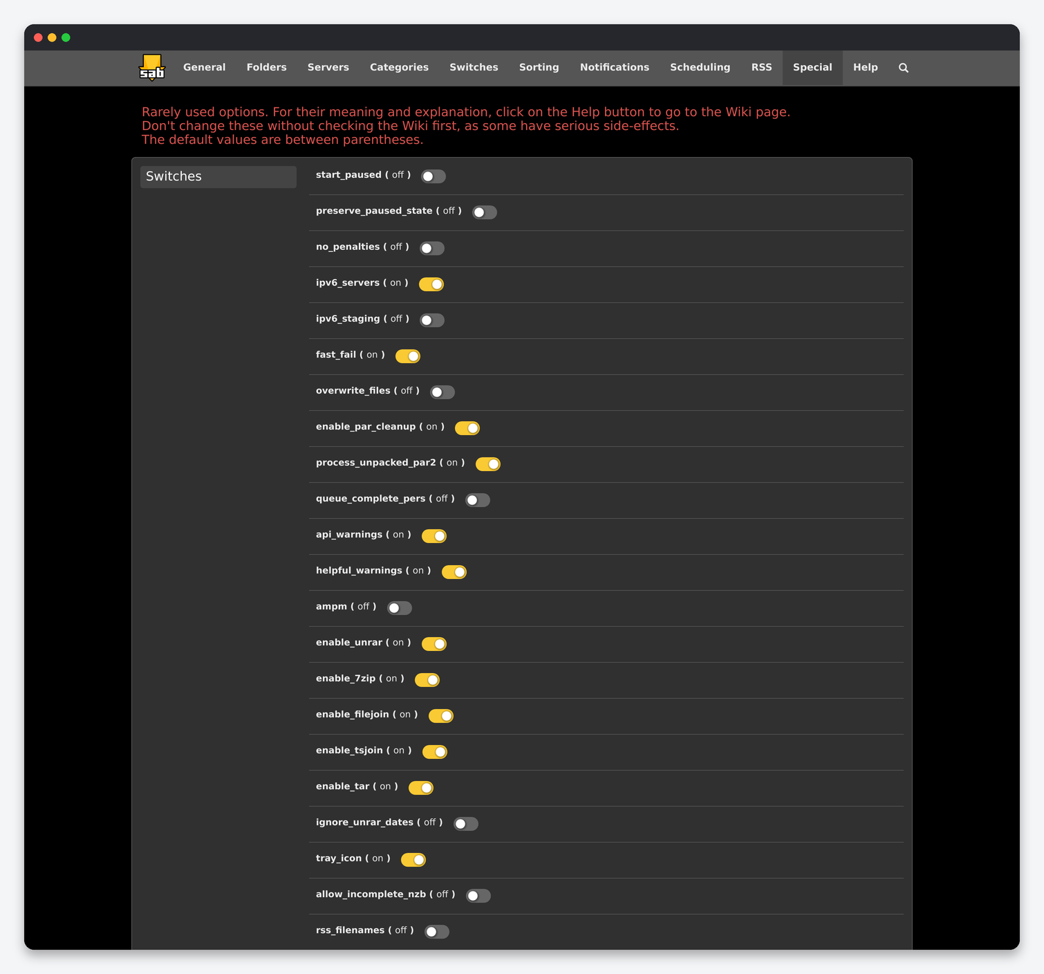 SABnzbd Settings Explained: Every Config Page for a Seedbox 10 SABnzbd Special page with rarely used switches and values