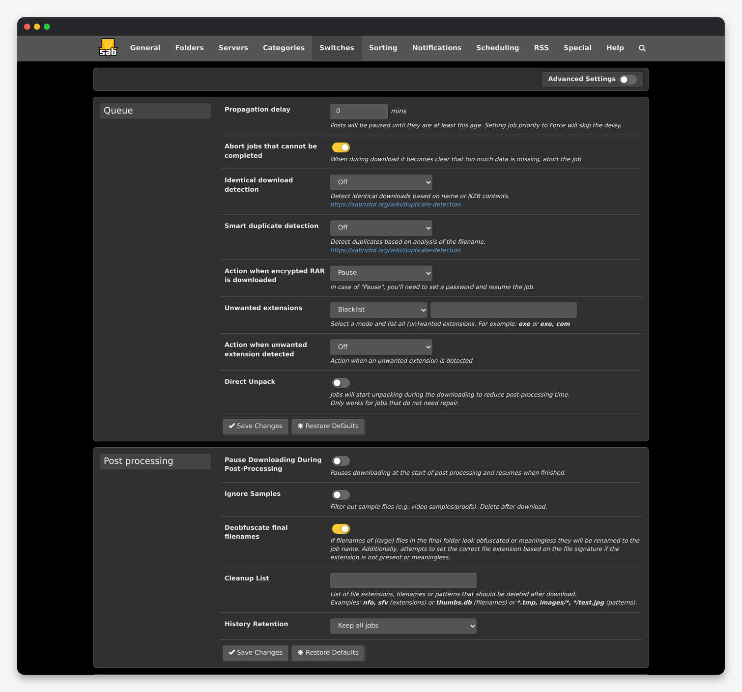 SABnzbd Settings Explained: Every Config Page for a Seedbox 5 SABnzbd Switches config page: queue, post processing and quota