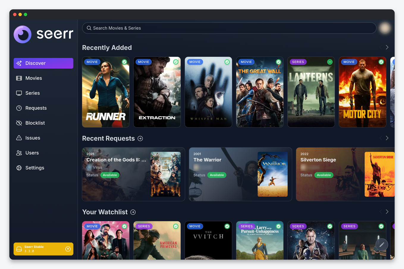 Seerr (Overseerr) Setup on a Seedbox: Requests for Plex and Jellyfin 1 Seerr Discover page on a seedbox showing Recently Added, Recent Requests and Watchlist rows