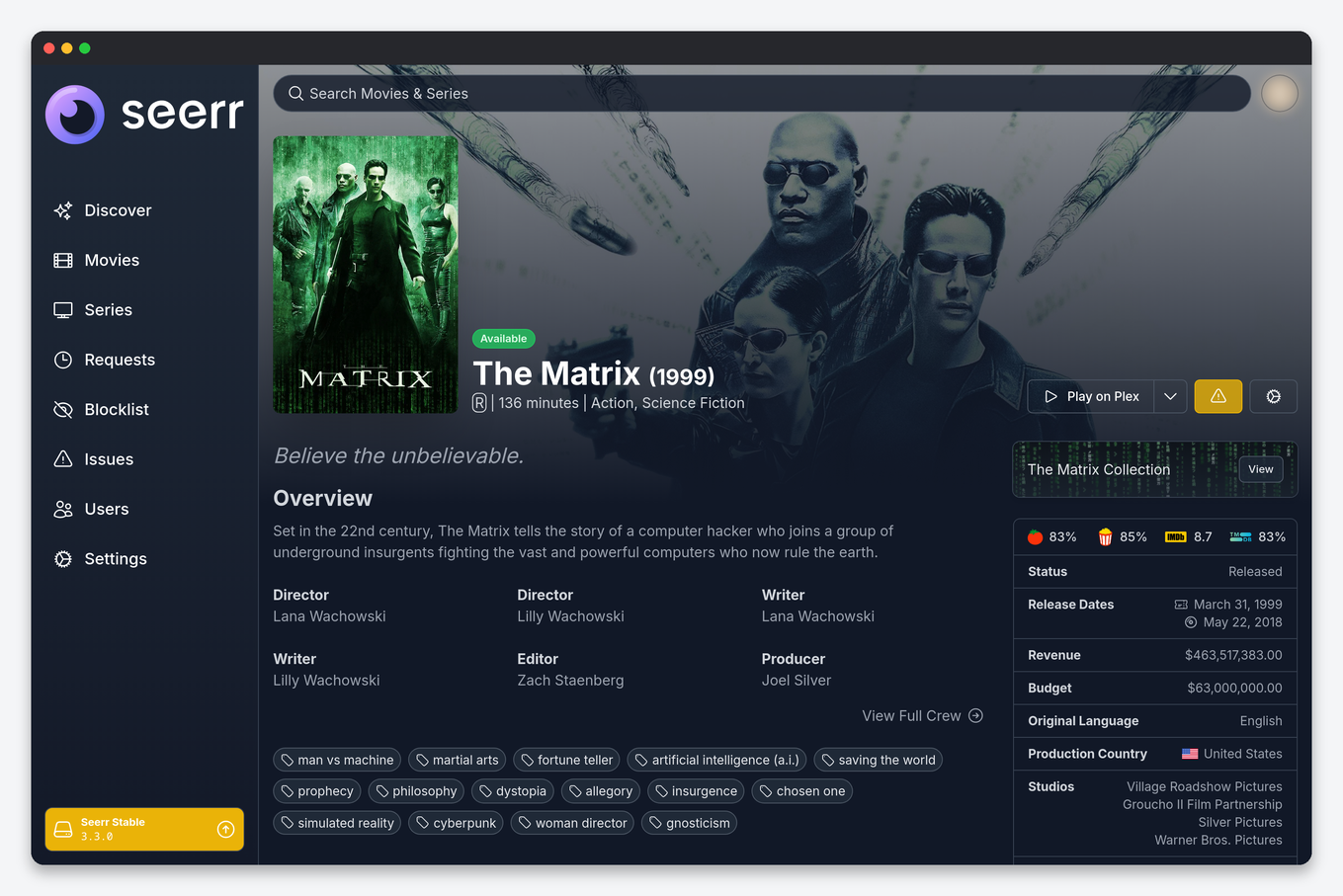 Seerr (Overseerr) Setup on a Seedbox: Requests for Plex and Jellyfin 5 Seerr movie detail page on a seedbox with the request button and availability status