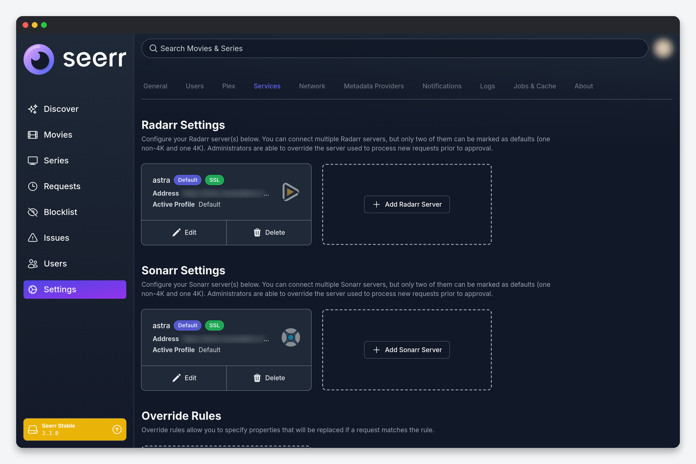 Seerr (Overseerr) Setup on a Seedbox: Requests for Plex and Jellyfin 2 Seerr Settings Services page on a seedbox with one Radarr and one Sonarr server configured