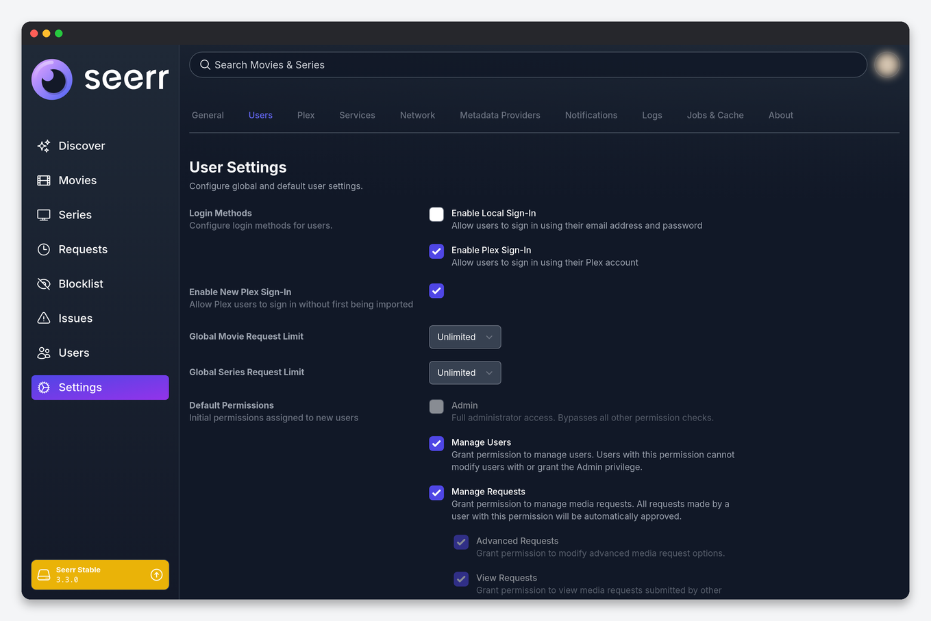 Seerr (Overseerr) Setup on a Seedbox: Requests for Plex and Jellyfin 3 Seerr Settings Users page on a seedbox with default permissions and request limits