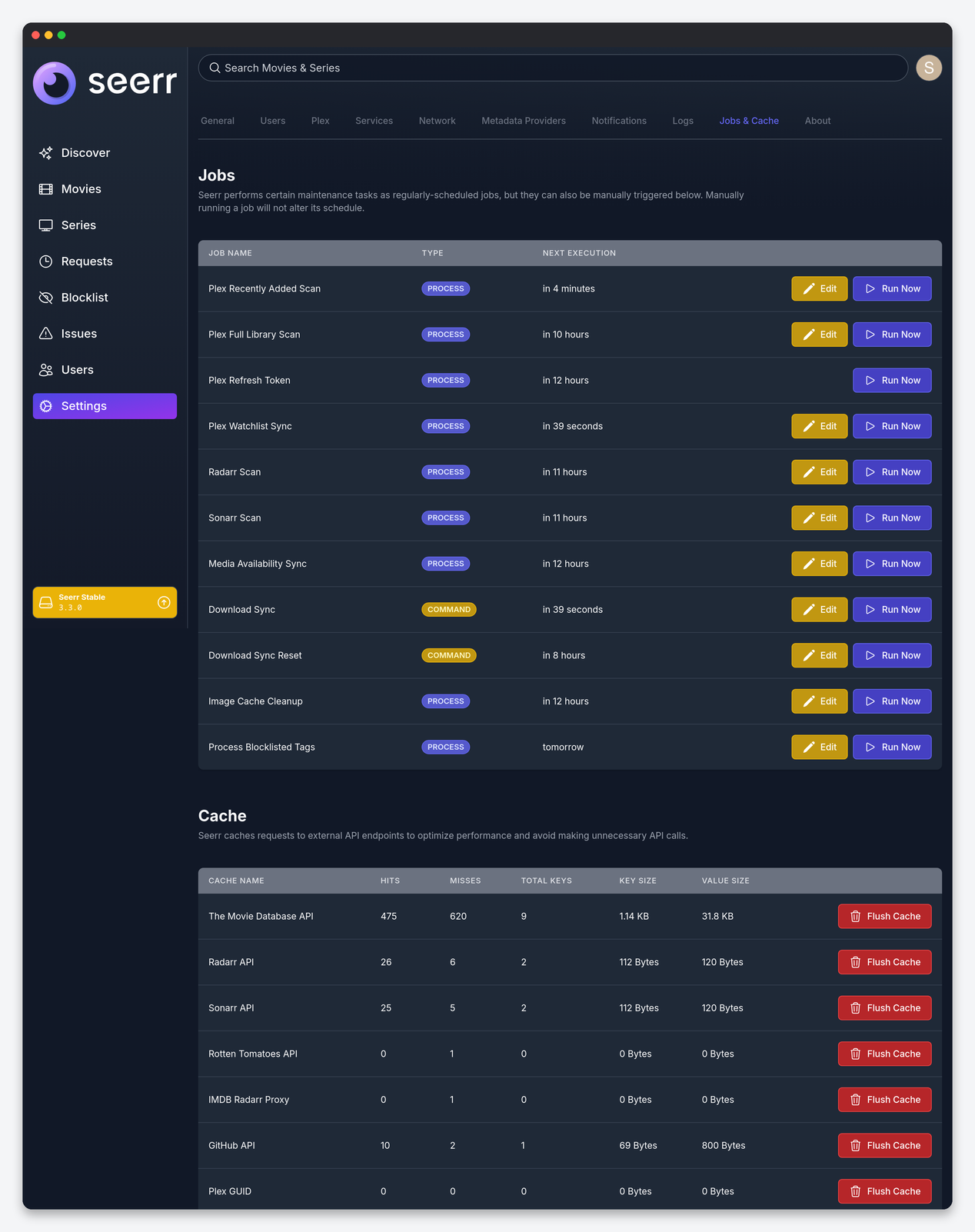 Seerr (Overseerr) Settings Explained: Permissions, Limits, Services and Jobs 5 Seerr Jobs and Cache page with scheduled jobs and API caches