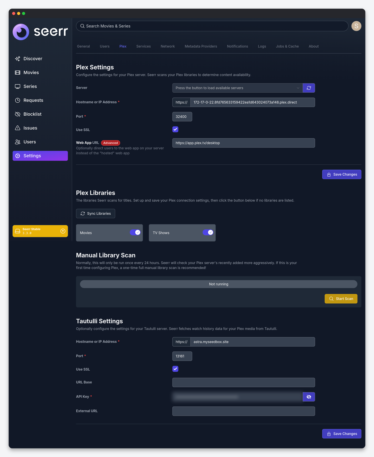 Seerr (Overseerr) Settings Explained: Permissions, Limits, Services and Jobs 3 Seerr Plex settings: server, libraries, manual scan, Tautulli