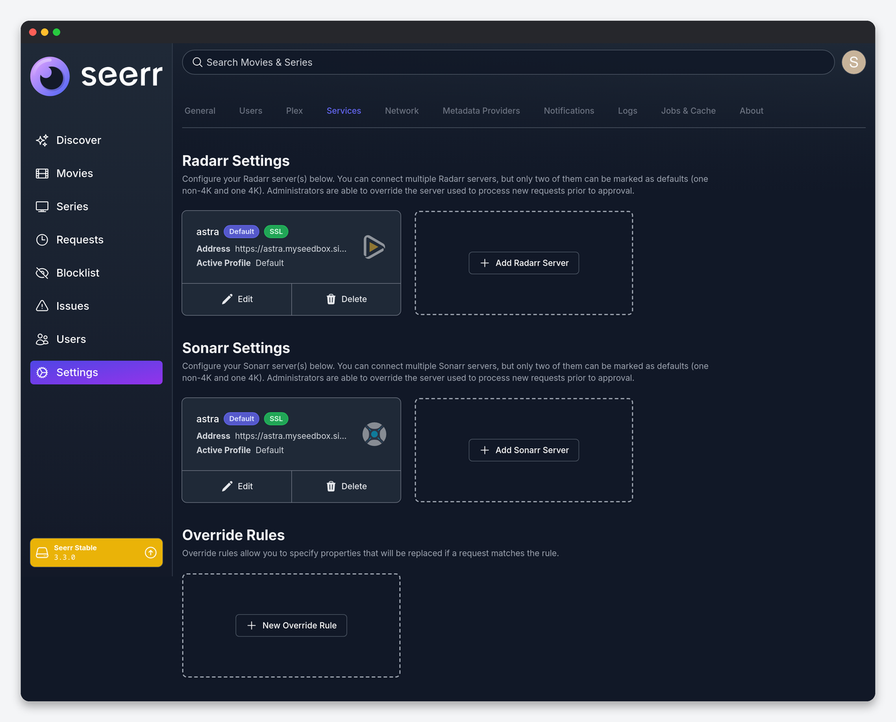 Seerr (Overseerr) Settings Explained: Permissions, Limits, Services and Jobs 4 Seerr Services settings with Radarr and Sonarr servers and override rules