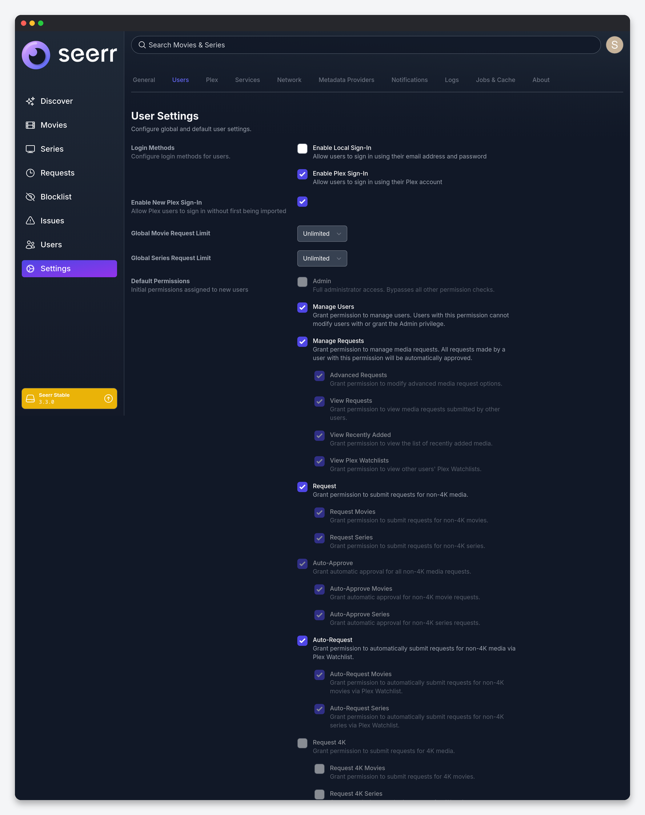 Seerr (Overseerr) Settings Explained: Permissions, Limits, Services and Jobs 2 Seerr Users settings with login methods, request limits and default permissions