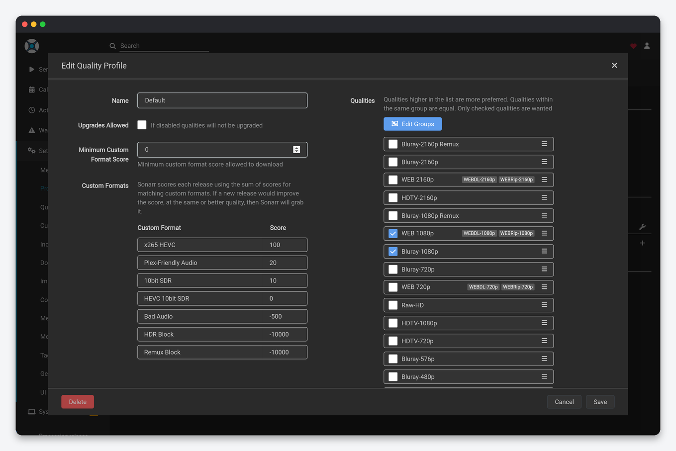 Radarr and Sonarr Quality Profiles: Settings, Sizes, Custom Formats and 4K 4 Sonarr quality profile editor on a seedbox