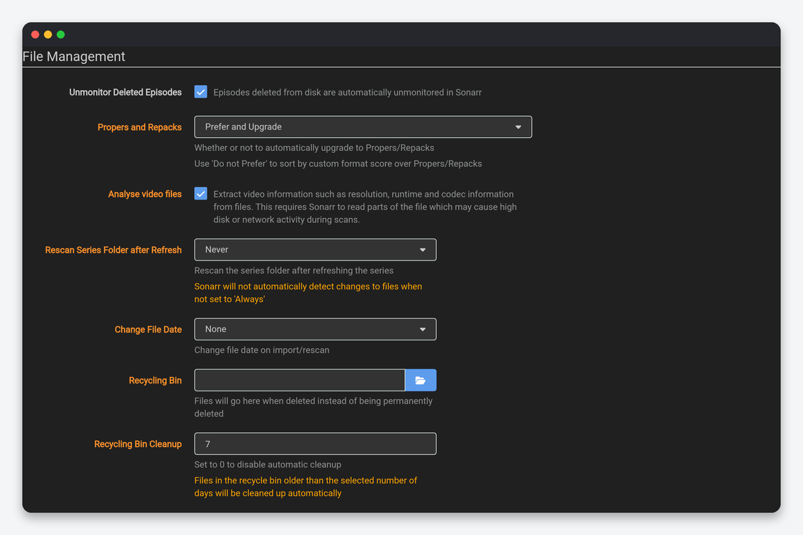 Sonarr Settings Explained: Every Option, Tuned for a Seedbox 3 Sonarr File Management settings