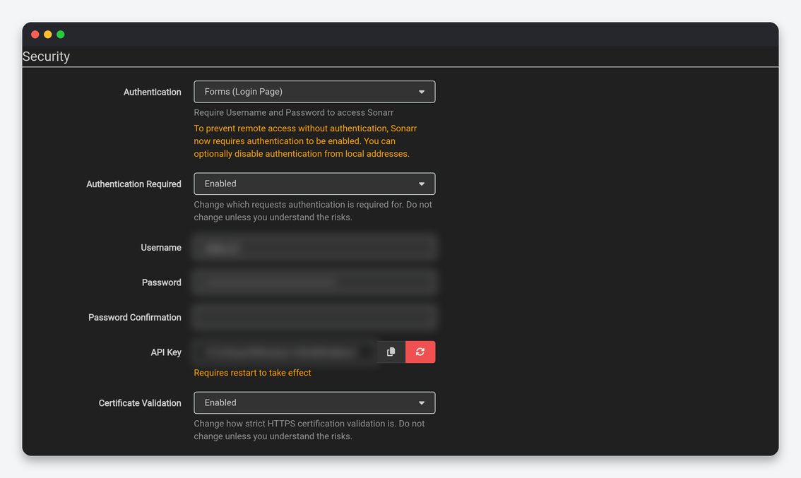 Sonarr Settings Explained: Every Option, Tuned for a Seedbox 18 Sonarr General Security settings