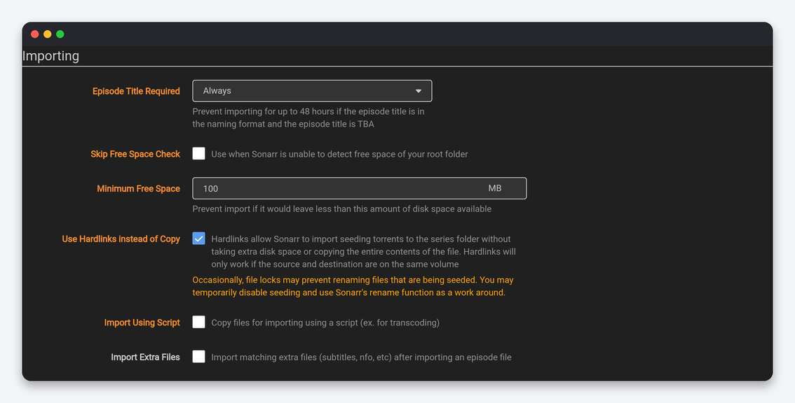 Sonarr Settings Explained: Every Option, Tuned for a Seedbox 2 Sonarr Importing settings including hardlinks and minimum free space