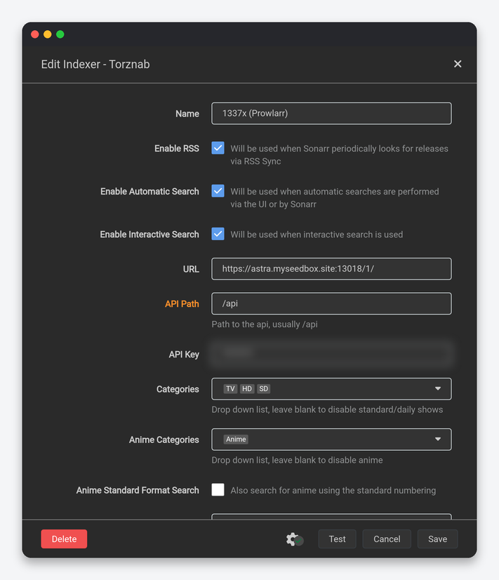 Sonarr Settings Explained: Every Option, Tuned for a Seedbox 8 Sonarr indexer editor showing a Prowlarr-synced indexer
