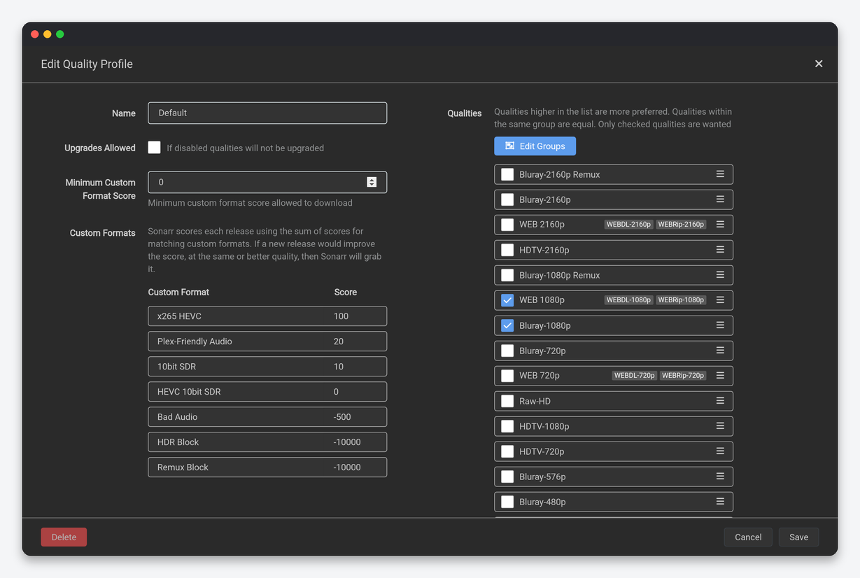 Sonarr Settings Explained: Every Option, Tuned for a Seedbox 5 Sonarr quality profile editor