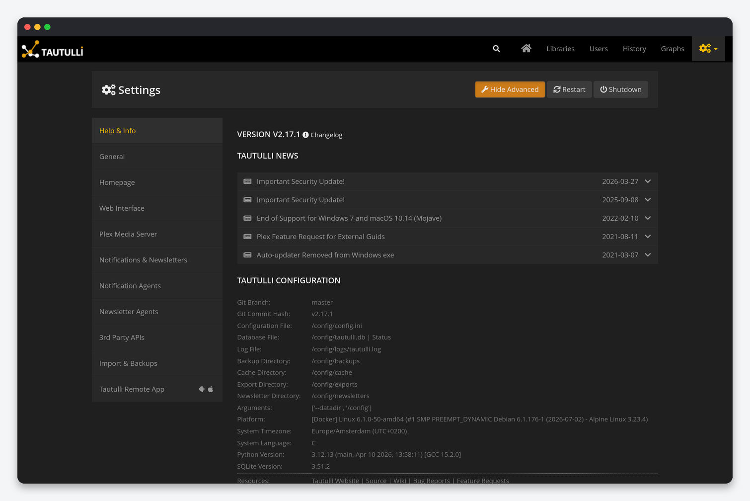 Tautulli Settings Explained: Notifications, Plex, Web Interface and Backups 1 Tautulli Help and Info page showing version, configuration paths, platform and scheduled tasks
