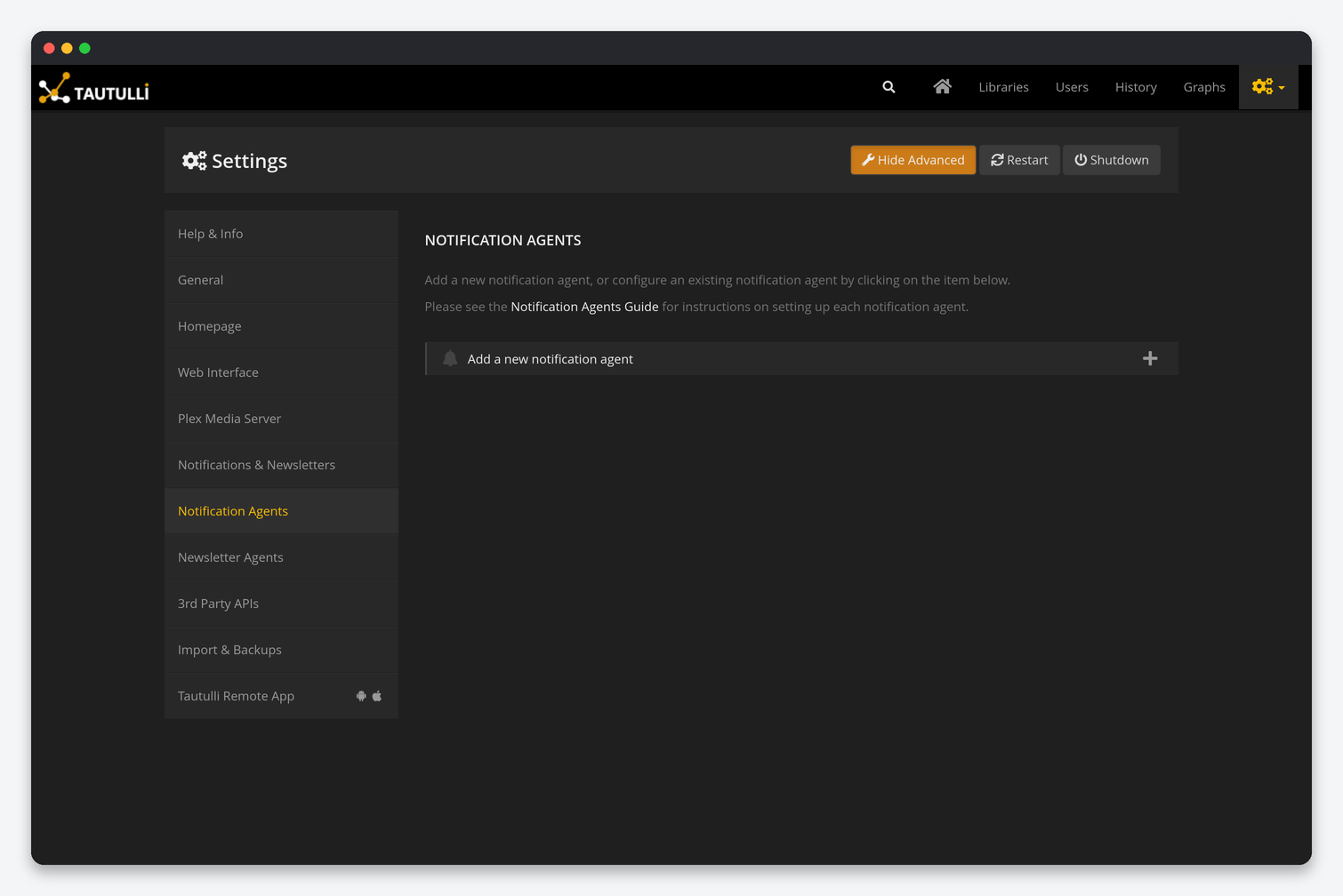 Tautulli Settings Explained: Notifications, Plex, Web Interface and Backups 6 Tautulli Notification Agents page with the add agent button