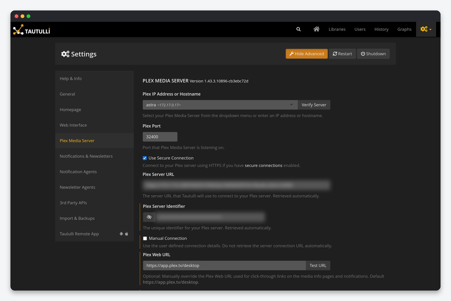 Tautulli Settings Explained: Notifications, Plex, Web Interface and Backups 4 Tautulli Plex Media Server settings: server address, port, secure connection, server URL, identifier, web URL, logs folder, image cache, monitoring, Plex.tv token