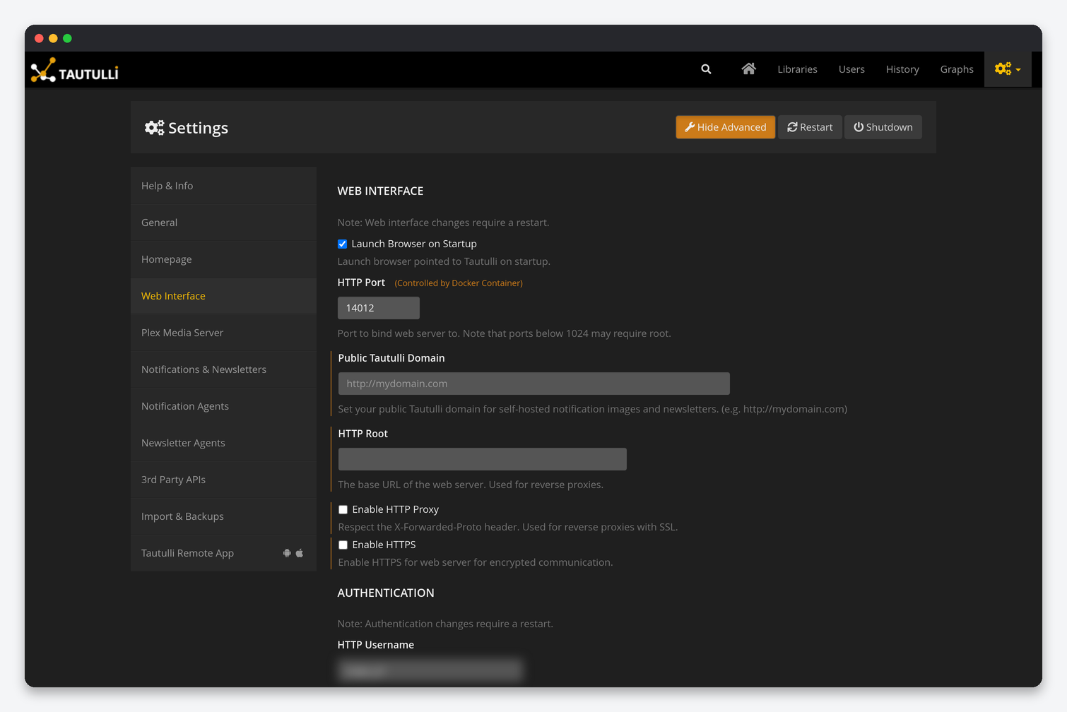 Tautulli Settings Explained: Notifications, Plex, Web Interface and Backups 3 Tautulli Web Interface settings: HTTP port, public domain, HTTP root, proxy, HTTPS, authentication